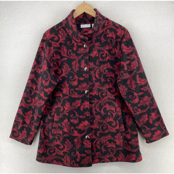 SUSAN GRAVER Jacket M Baroque Floral Fleece Blazer Button Front Red Black - Picture 2 of 14